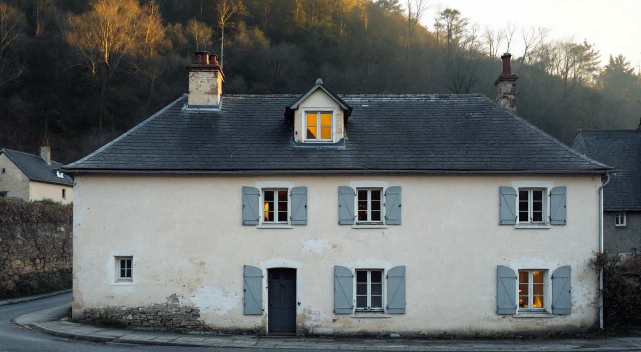 Façade enduite en fond de vallée, la partie basse du mur encore dans l'ombre du versant boisé, la partie haute touchée par le soleil.