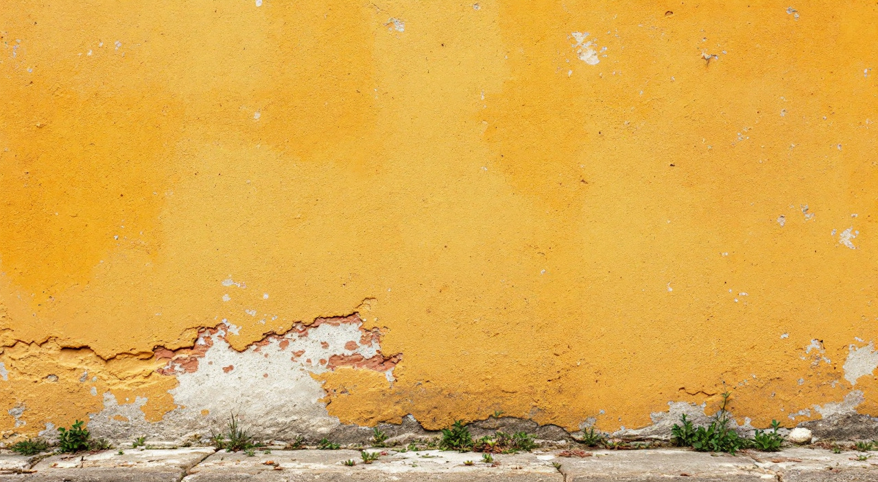 Mur ancien badigeonné à la chaux dans un ocre chaud, traces de brosse et pierre affleurant sous la couche translucide