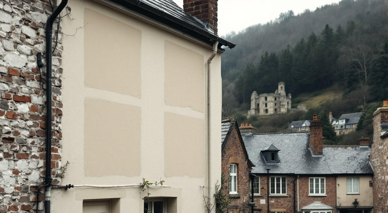 Façade à pans de bois d'un bourg normand avec trois essais de teinte posés sur l'enduit, coteau boisé en arrière-plan