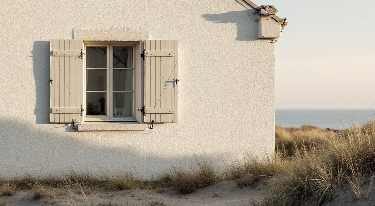 Façade de maison littorale en enduit sable clair, voile blanchâtre de sel plus marqué près de l'angle exposé au vent