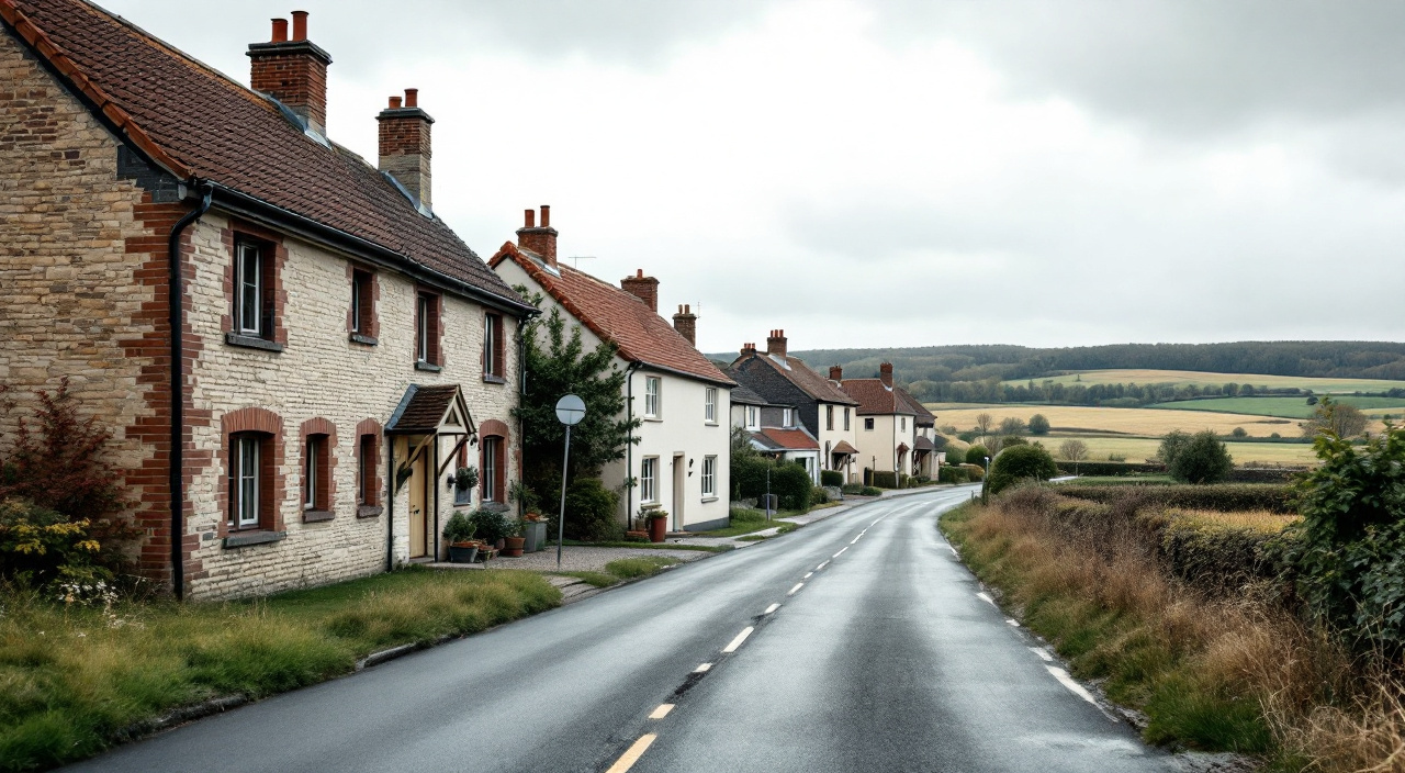 Rue de village mêlant maisons anciennes en moellons enduits à la chaux et pavillons des années 1980 aux enduits beige gris