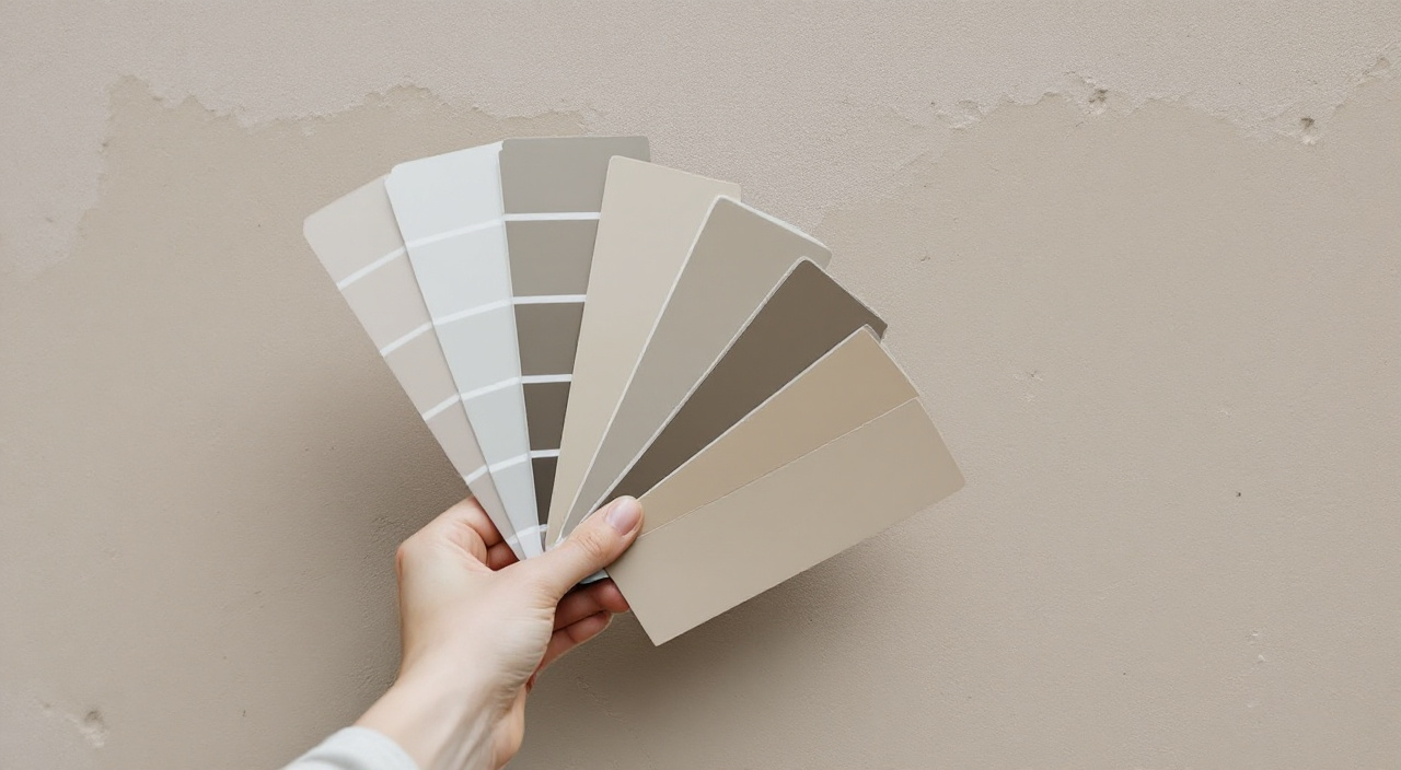 Plaquettes de nuancier tenues contre un enduit de façade gris, comparaison à la lumière du jour