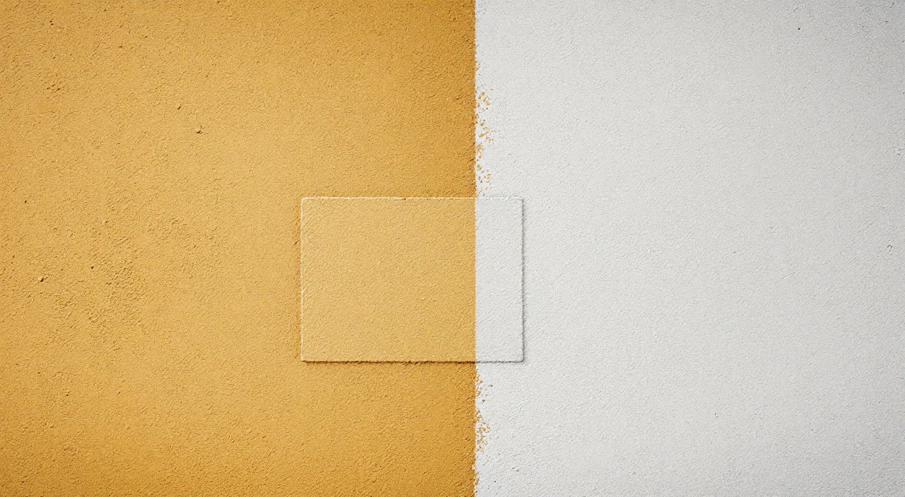 Mur de façade en cours de recouvrement, ancienne teinte ocre visible par transparence sous un gris clair neuf