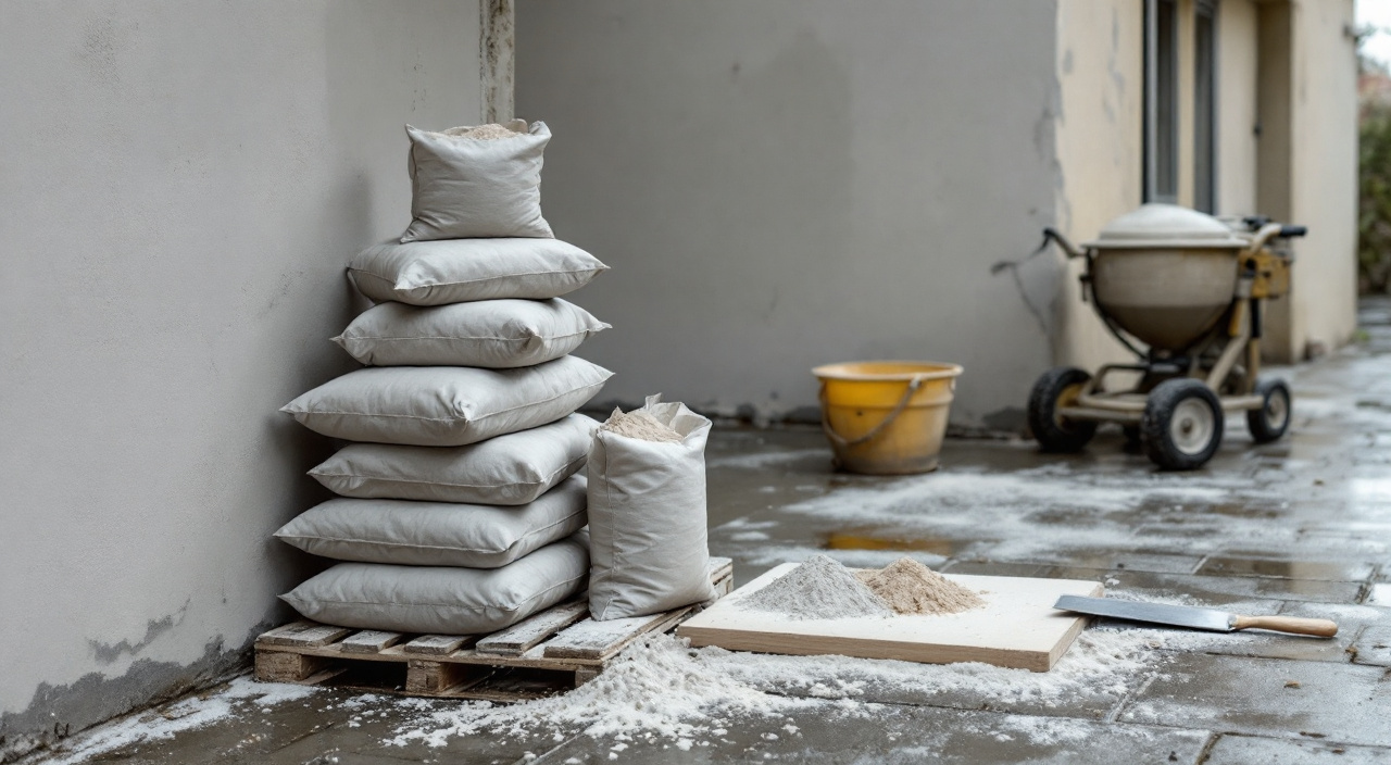 Sacs d'enduit empilés sur une palette devant un mur en cours d'enduisage, deux poudres beiges légèrement différentes répandues sur une planche de gâchage