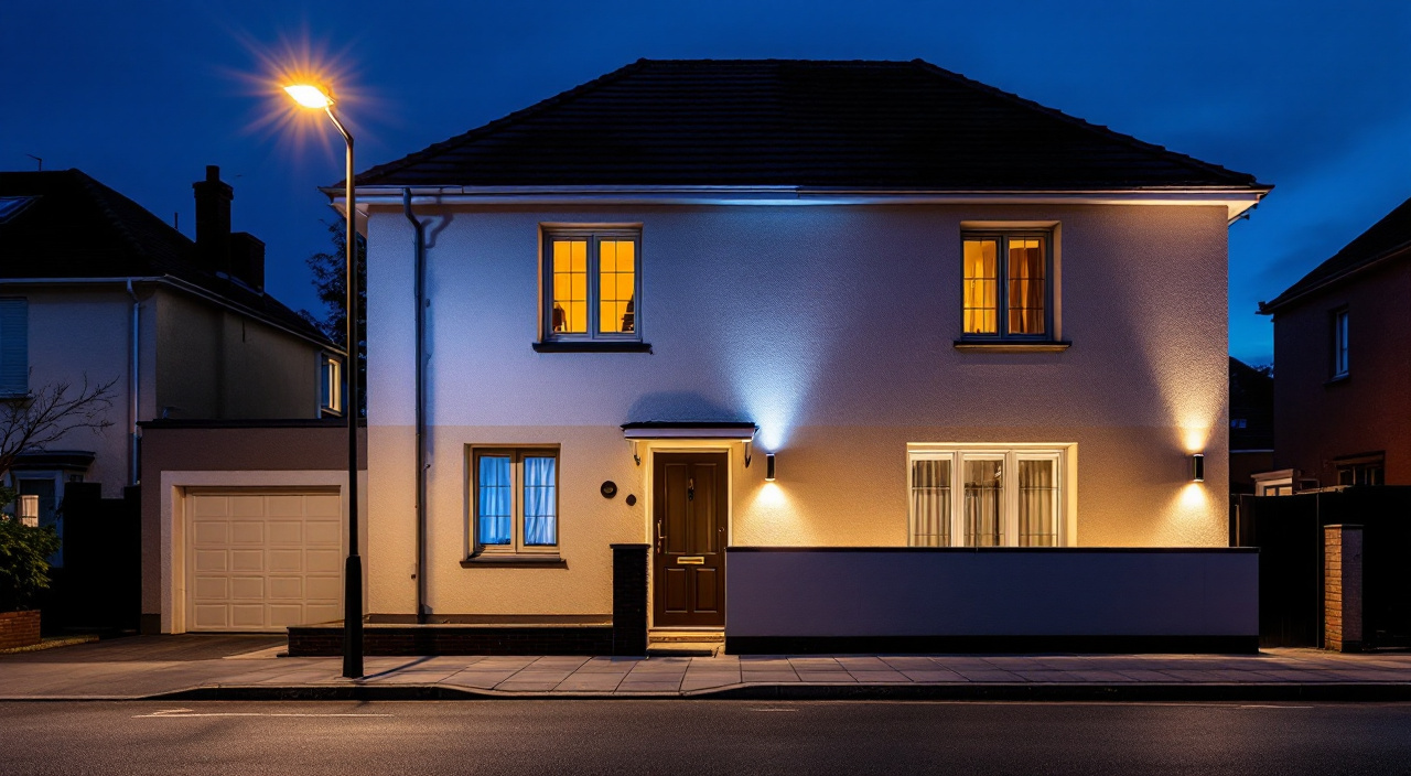 Façade beige éclairée la nuit par des appliques chaudes en lumière rasante, sous un ciel de crépuscule bleu