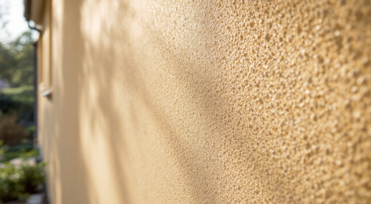 Enduit monocouche gratté dans un ton sable chaud, grain et granulats visibles en lumière rasante