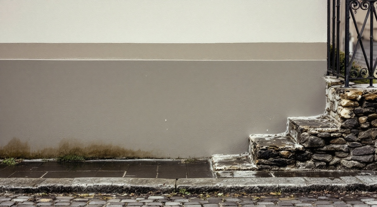 Pied de mur d'une maison de coteau : soubassement gris chaud soutenu sous un enduit beige clair, avec traces de ruissellement le long d'une rue en pente.
