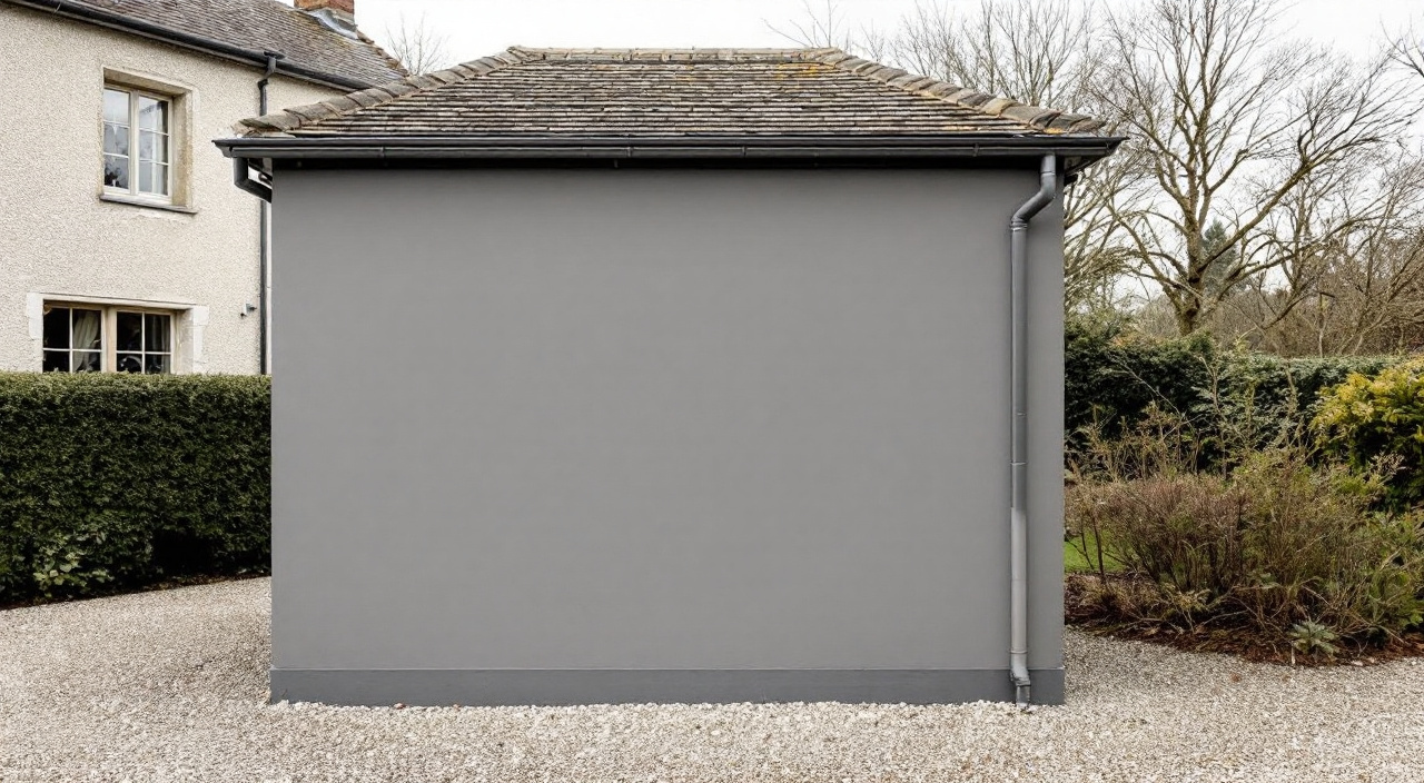 Une dépendance à l'enduit sombre au fond d'une parcelle, devant une maison à l'enduit sable clair, vues ensemble depuis l'allée