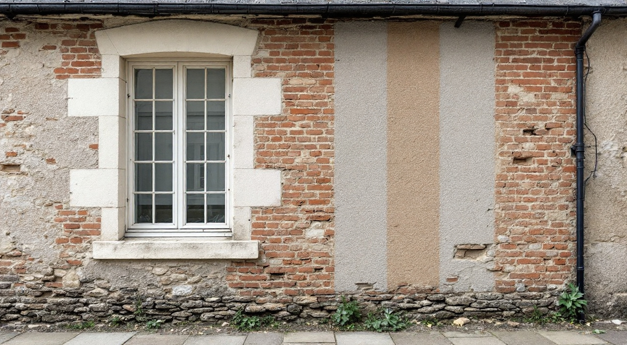 Mur ancien mêlant pierre calcaire claire et brique rouge, avec trois bandes d'essai d'enduit beige grisé appliquées entre les deux matériaux