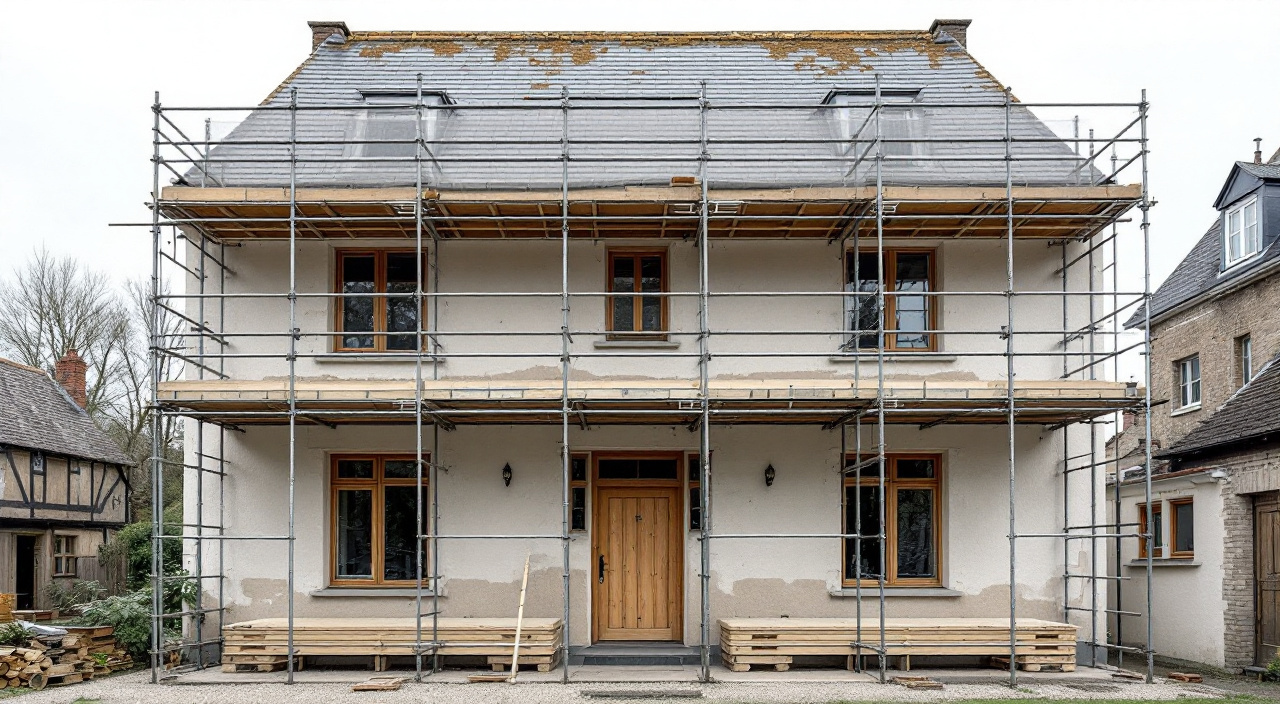 Façade enduite fraîchement terminée, échafaudage encore en place devant les niveaux hauts