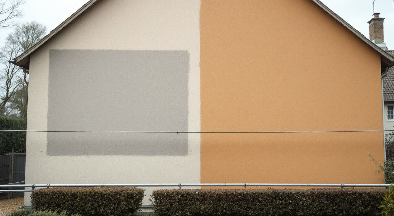 Mur de pignon avec un essai de teinte ocre d'un mètre carré à gauche et la même teinte appliquée sur toute la partie droite du mur