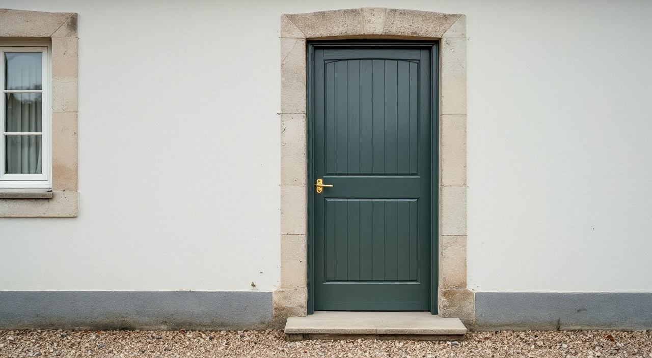 Porte d'entrée vert sombre encadrée de pierre calcaire claire sur un mur enduit clair