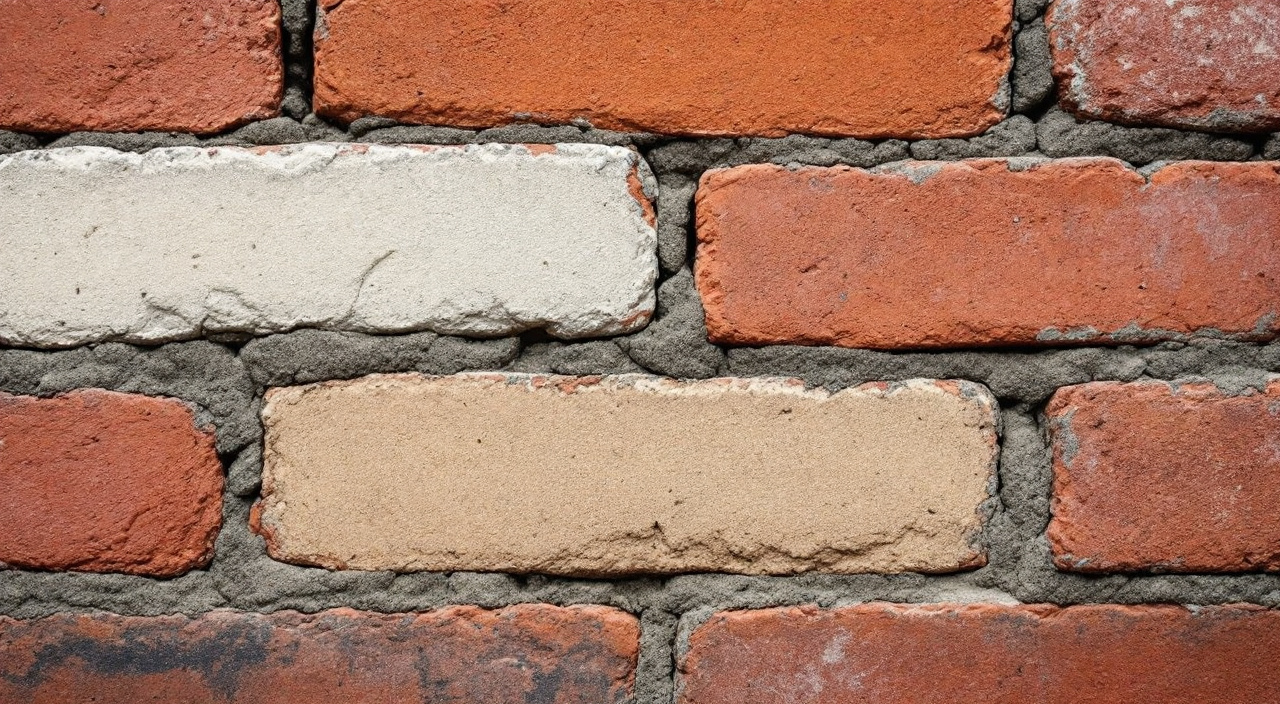 Mur de brique ancienne portant deux bandes d'essai de rejointoiement, l'une en mortier clair, l'autre en mortier teinté terre, au milieu des joints d'origine grisés