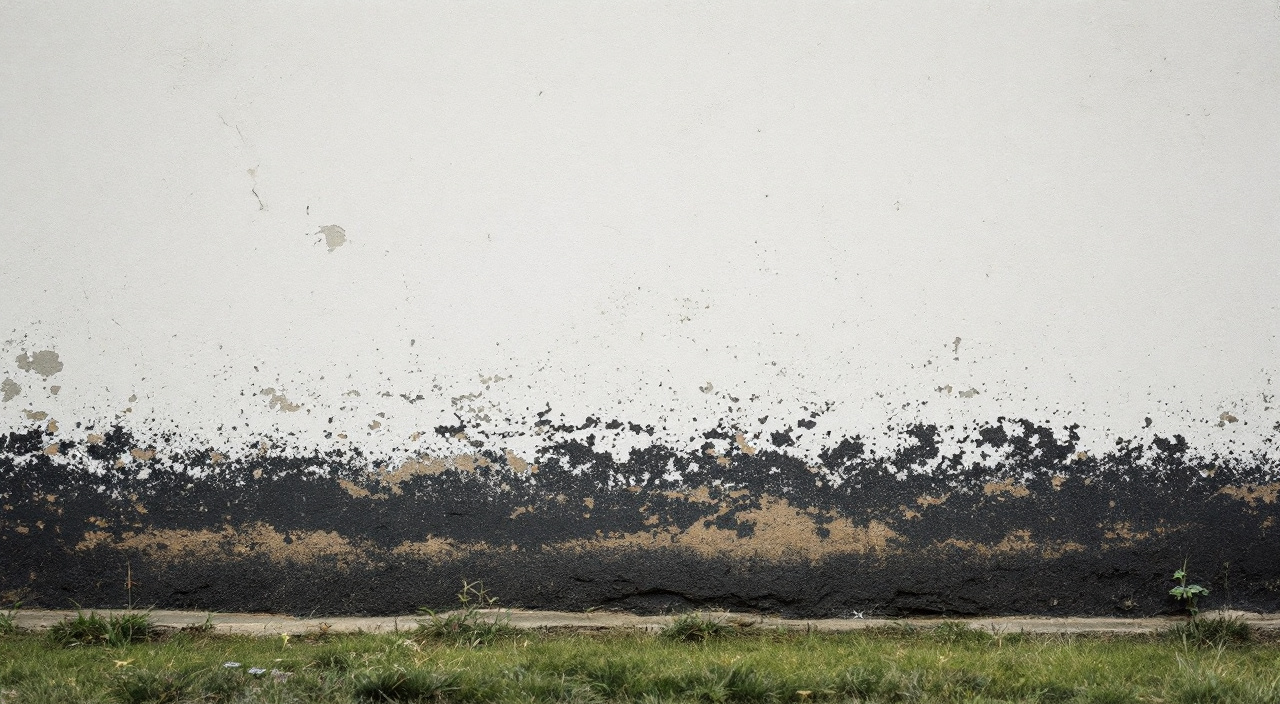 Mur blanc dont la partie basse est noircie par les projections et l'humidité
