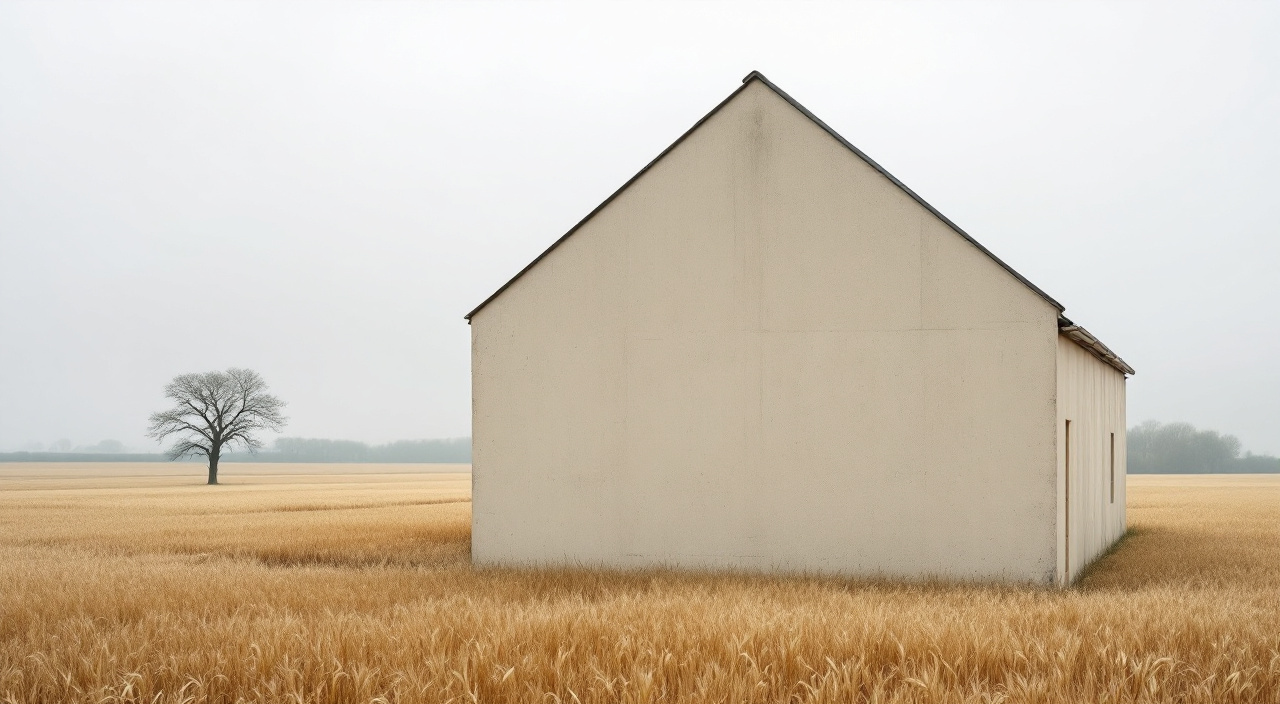 Angle d'une maison de plaine : la façade ouest délavée par la pluie battante contraste avec la face est restée plus soutenue.