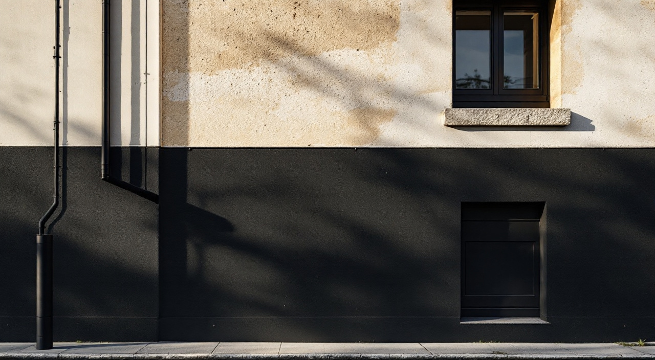 Façade claire avec soubassement et menuiseries noirs, éclairée en lumière rasante