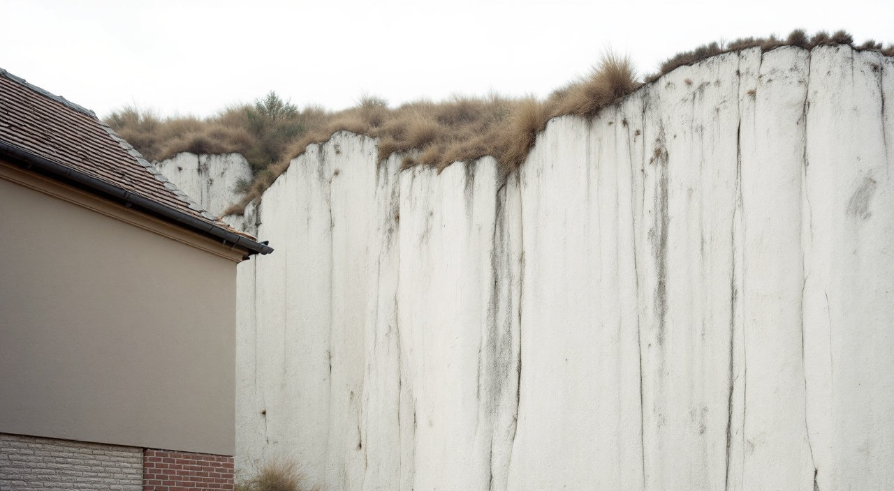 Façade enduite beige gris devant une haute falaise de craie blanche, sous un ciel couvert