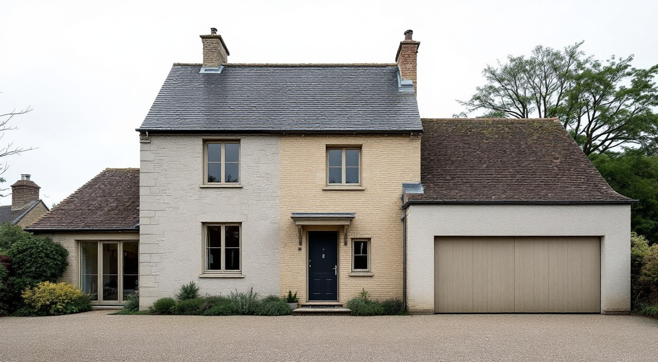 Maison normande composée d'un corps principal ancien, d'une extension plus basse et d'un garage, traités dans des teintes voisines de clarté différente.