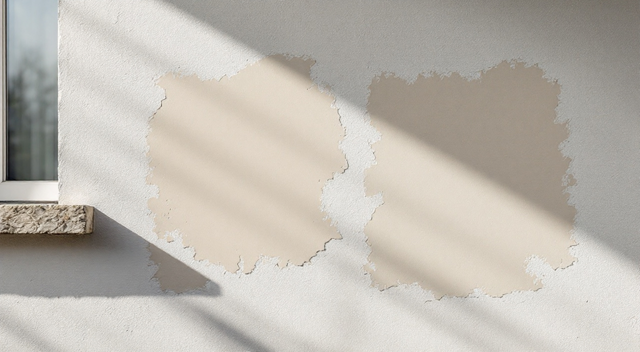Deux essais de la même teinte sur un mur enduit, l'un mat, l'autre satiné, éclairés par un soleil rasant