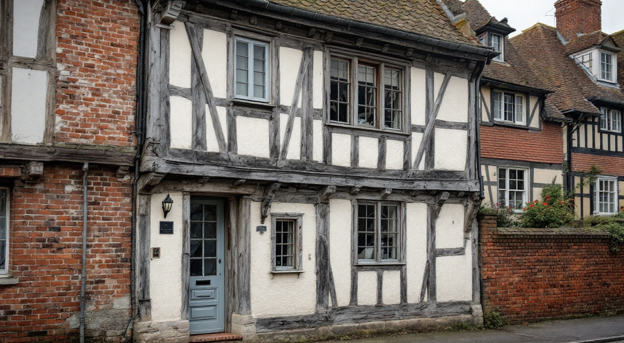 Façade à colombage aux bois gris argenté sur enduit clair, avec un mur de brique rouge voisin, dans une rue de bourg normand.