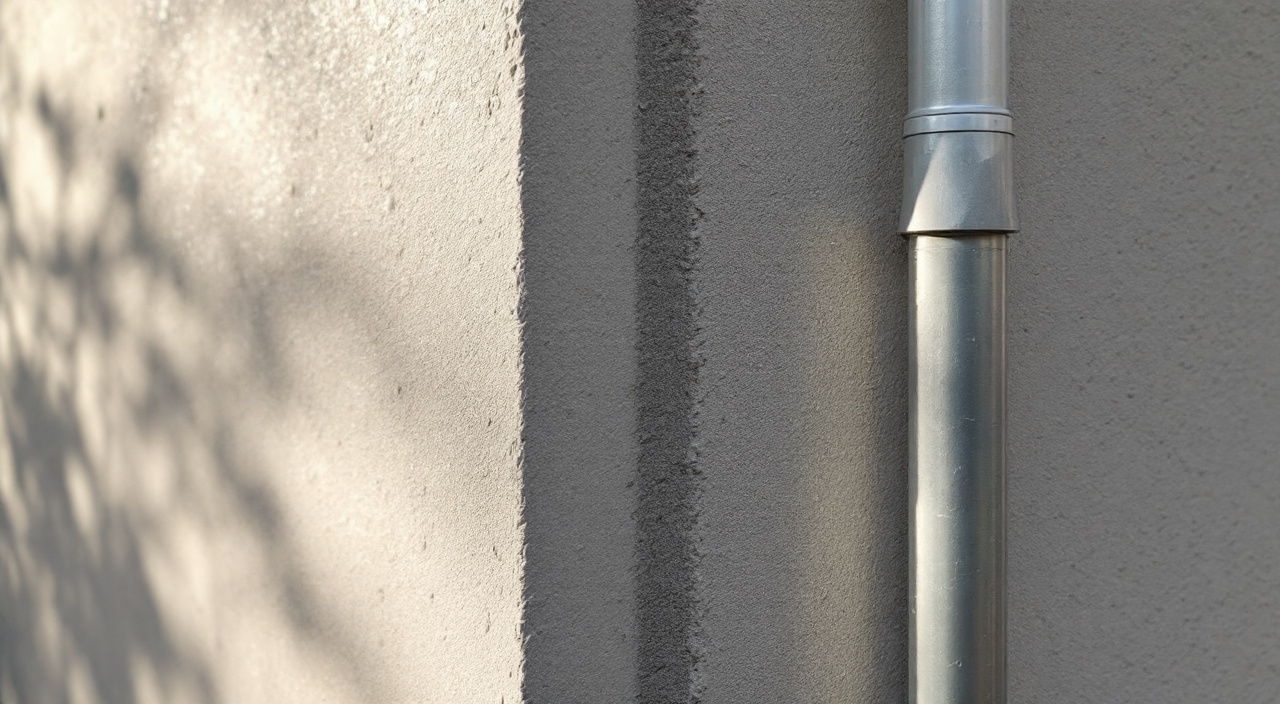 Angle de façade enduite où la teinte grise s'arrête en retour dans un joint creux, à côté d'une descente d'eau