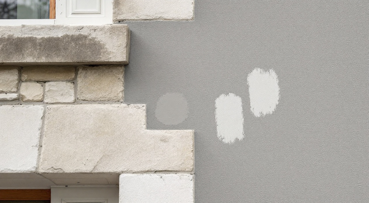 Angle de façade où des chaînes d'angle en pierre calcaire rejoignent un enduit sable gris, avec trois essais de teinte posés contre la pierre