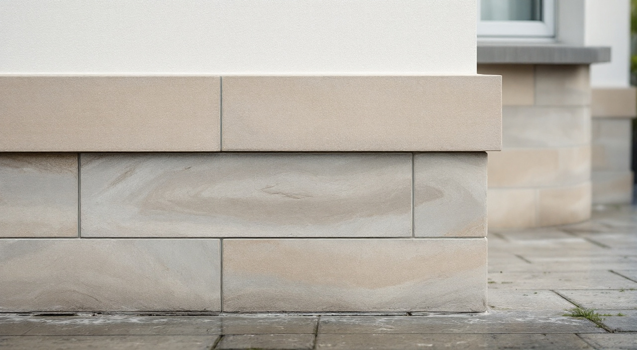 Soubassement en plaquettes de parement gris beige surmonté d'un enduit sable, arrêt horizontal net au niveau des appuis