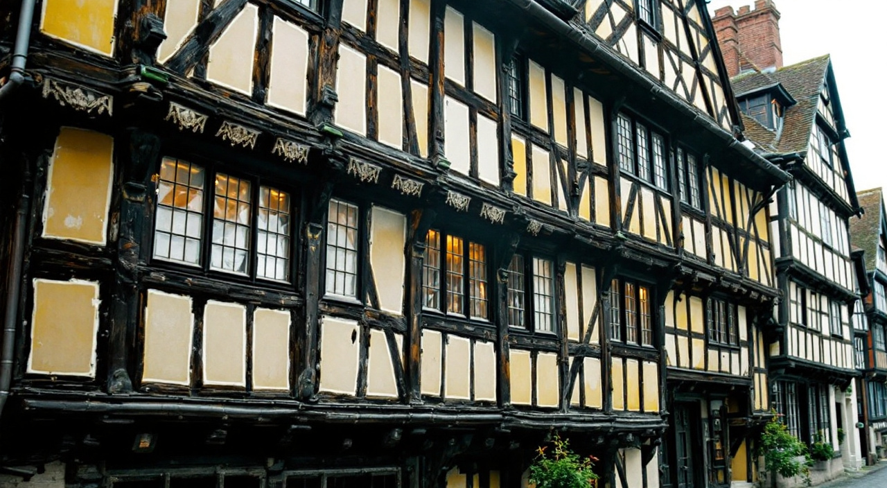 Façade à pans de bois d'un bourg normand, panneaux clairs entre bois sombres, vue en enfilade de rue étroite