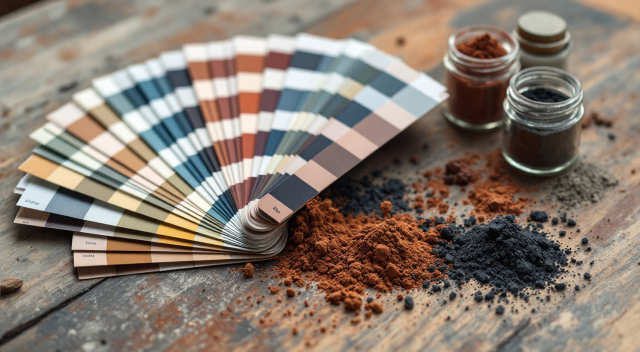 Nuancier d'enduits de façade ouvert en éventail sur un établi, à côté de trois pots de pigments minéraux en poudre