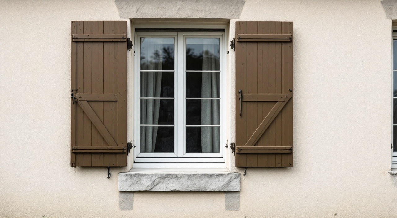 Volets brun sourd contre un enduit beige rompu, encadrement de fenêtre clair