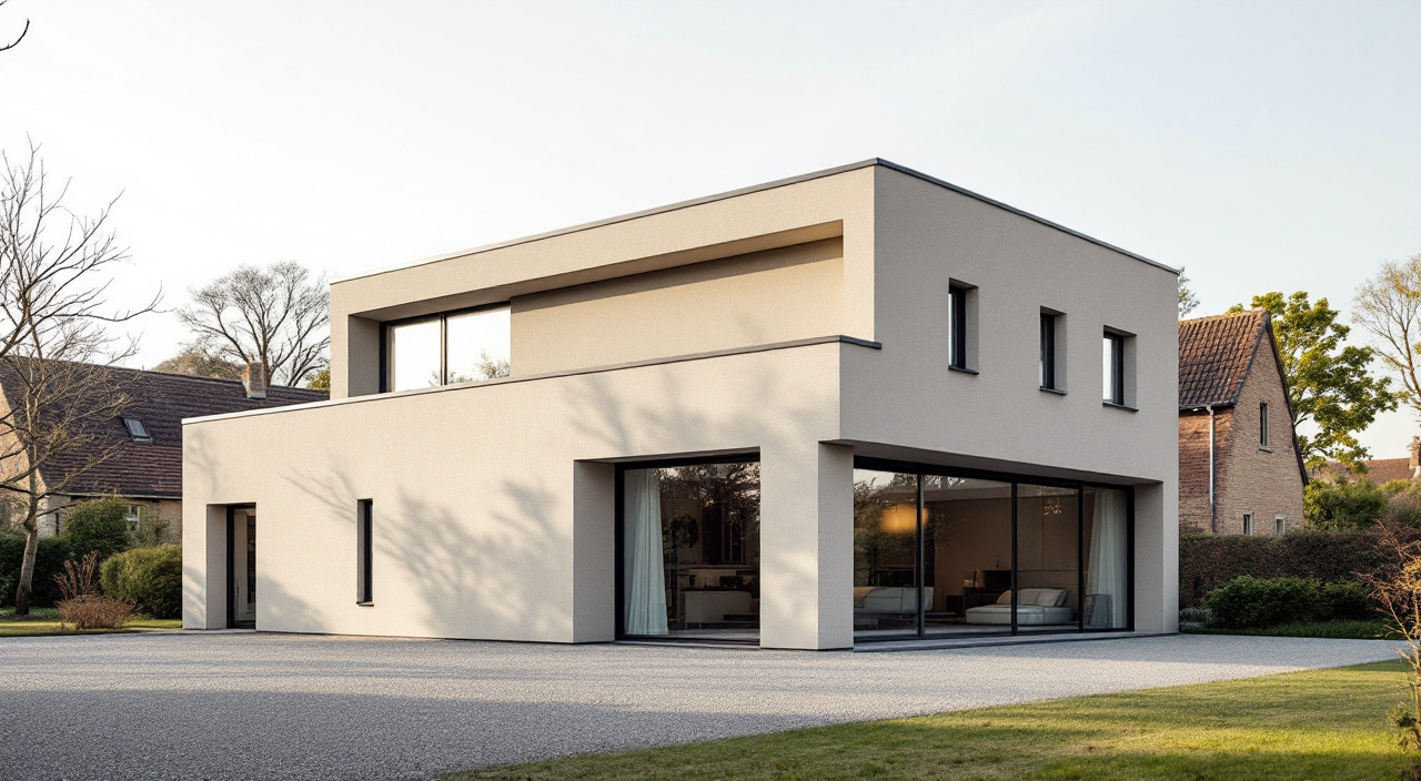 Maison contemporaine à toit plat, enduit gris chaud et volume bas sable, couvertine sombre