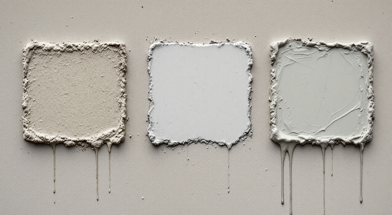 Trois carrés d'essai de la même teinte grise appliqués côte à côte sur un mur, en enduit gratté, en peinture minérale et en badigeon de chaux