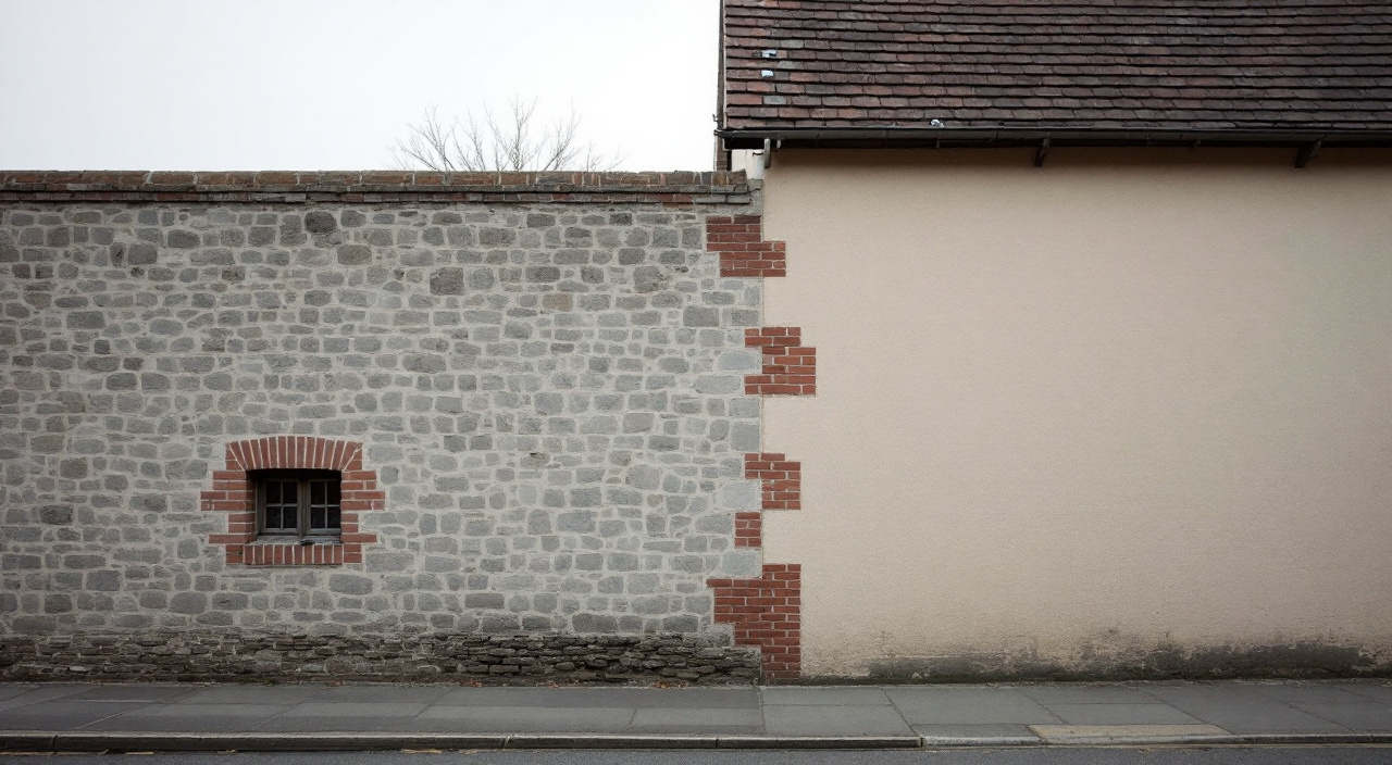 Angle de rue où un mur ancien en silex et chaînages de brique jouxte le mur enduit beige gris d'un pavillon récent.