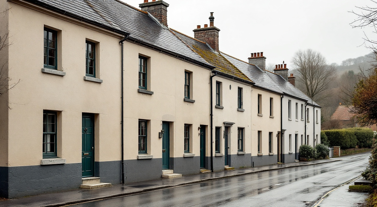 Rangée de maisons ouvrières mitoyennes enduites en gris sable, menuiseries sombres et soubassement plus foncé, par temps couvert