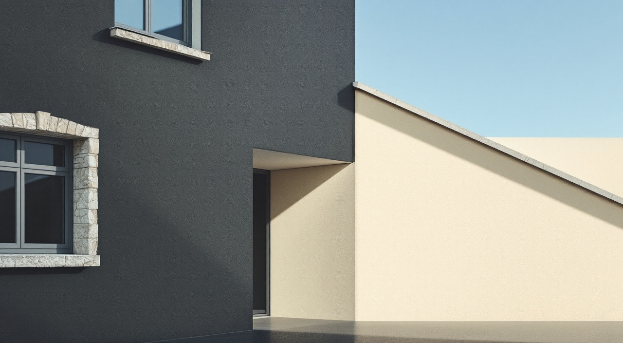 Angle de maison où un enduit anthracite et un enduit sable clair se rejoignent, sous le soleil d'été
