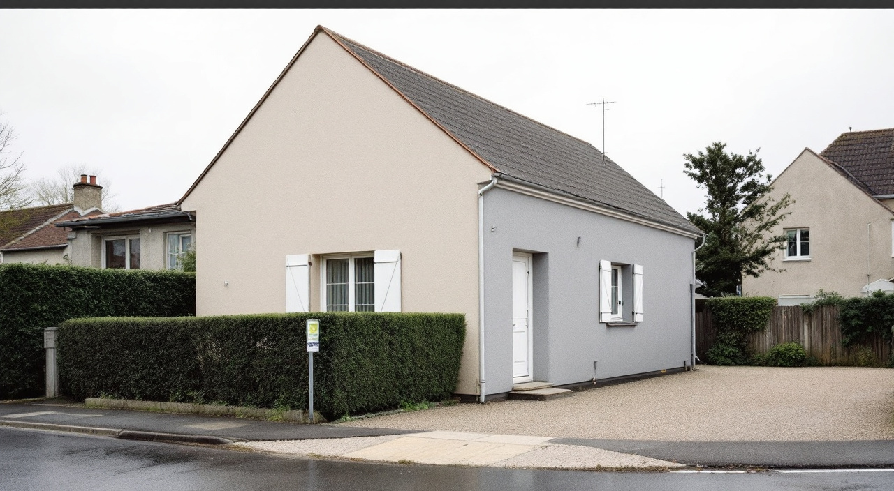 Maison de lotissement dont la façade sur rue est repeinte en ton sable et dont le mur pignon, plus terne, laisse voir la différence à l'angle