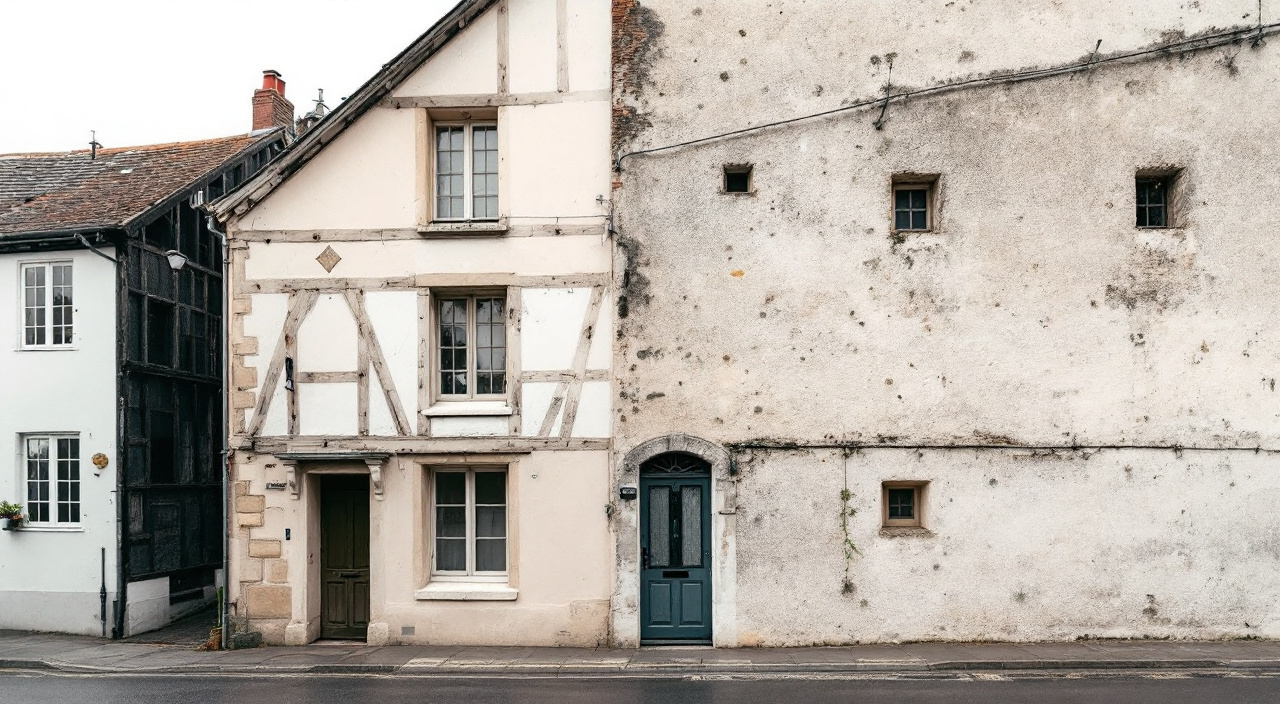Deux façades enduites, l'une dans une rue étroite ombragée, l'autre sur un versant clair et dégagé
