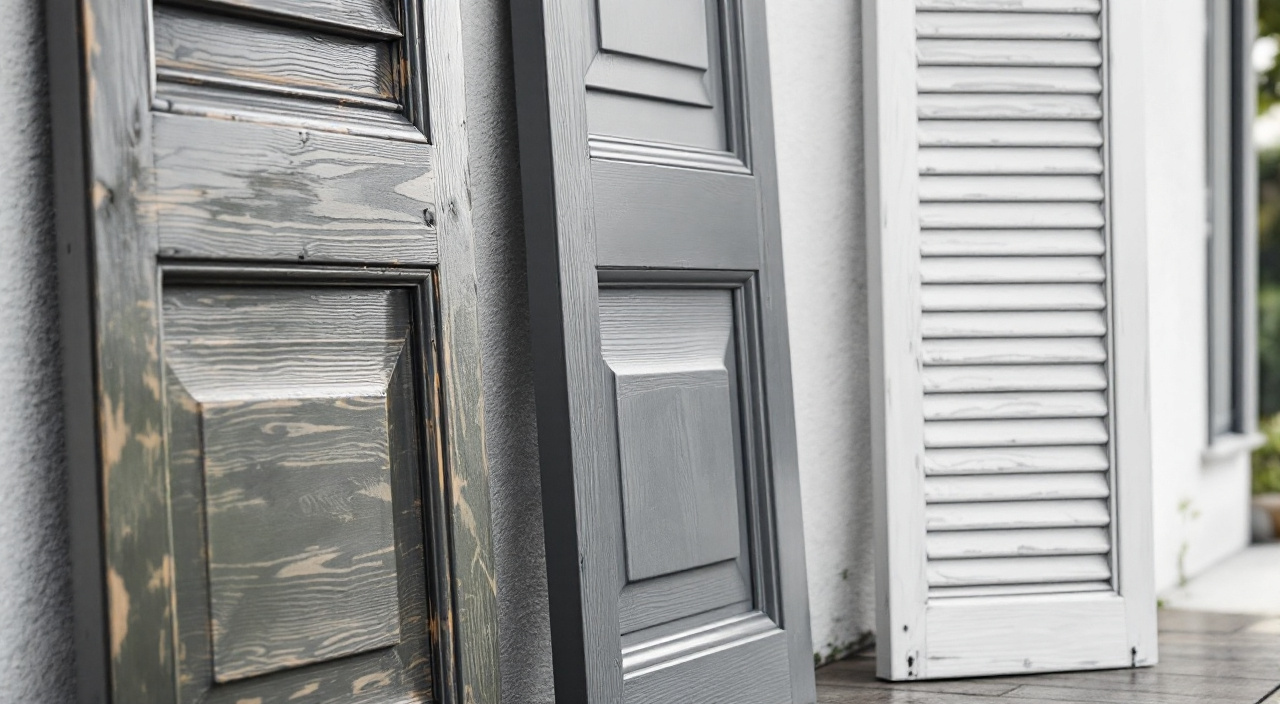 Trois panneaux de volet de même teinte grise, en bois, PVC et aluminium, posés contre un mur enduit clair